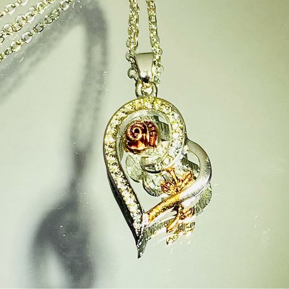 14k White Gold CZ Cubic Zircon Rose Flower Heart Pendant Necklace Chain Love - Picture 12 of 12